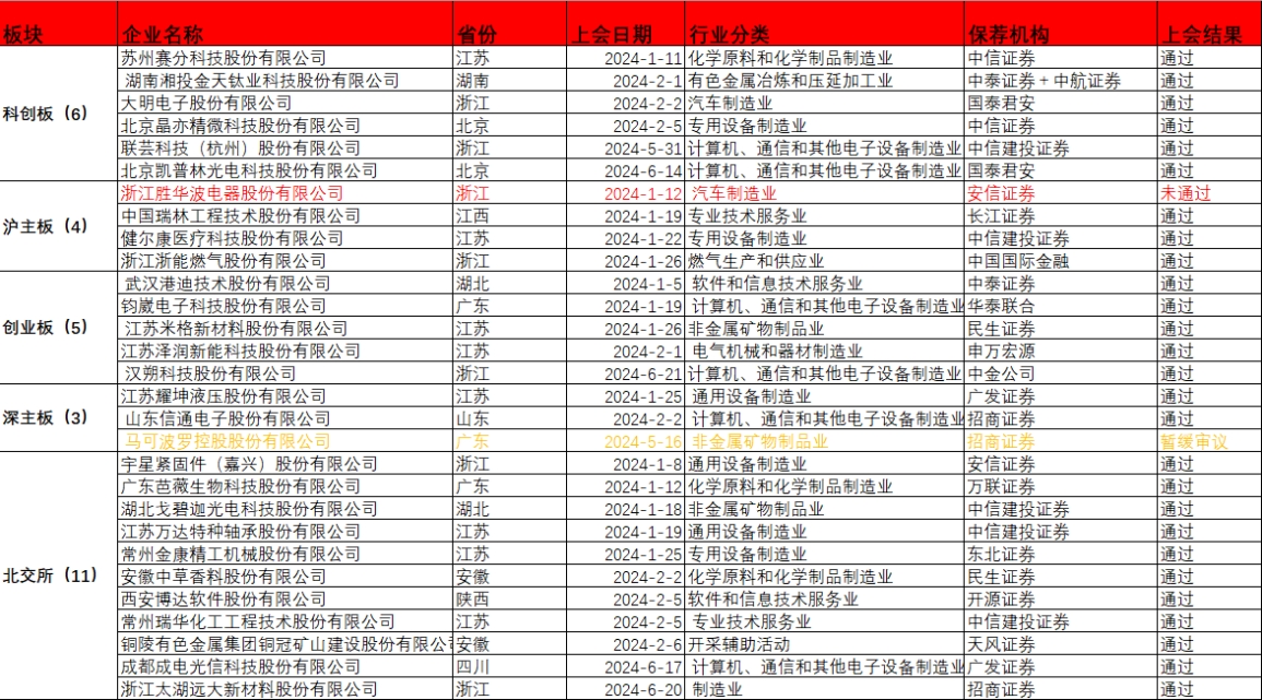 2024年1~6月仅29家企业首发上会